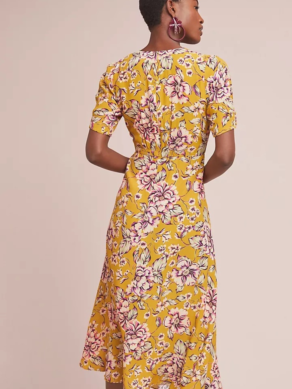 Kachel x Anthropologie Thea Midi Dress gold floral print V neck Button Details 8 - Picture 3 of 11